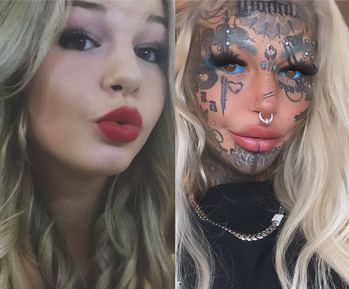 Before-and-after photos of Australia's most tattooed woman with extensive face tattoos and piercings.
