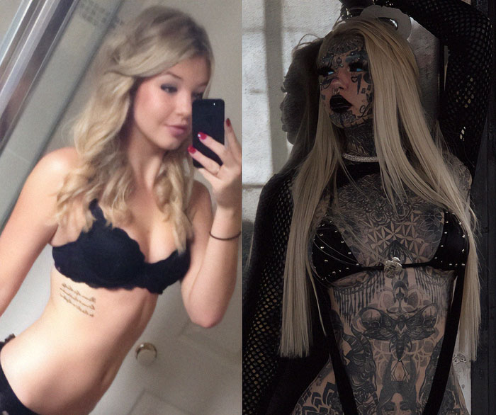 "Australia's most tattooed woman showing dramatic transformation in before-and-after photos.