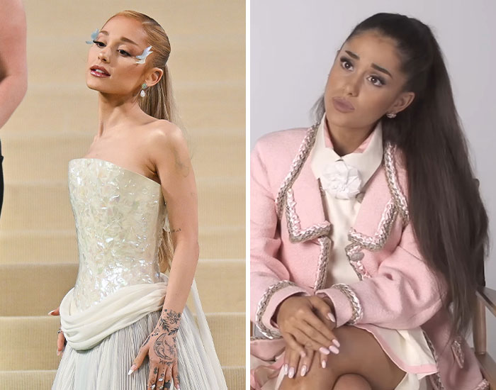 Two images of a female celebrity in 2024, one in an elegant gown with hand tattoos, and another in a pink jacket, reflecting celebrity scandals.