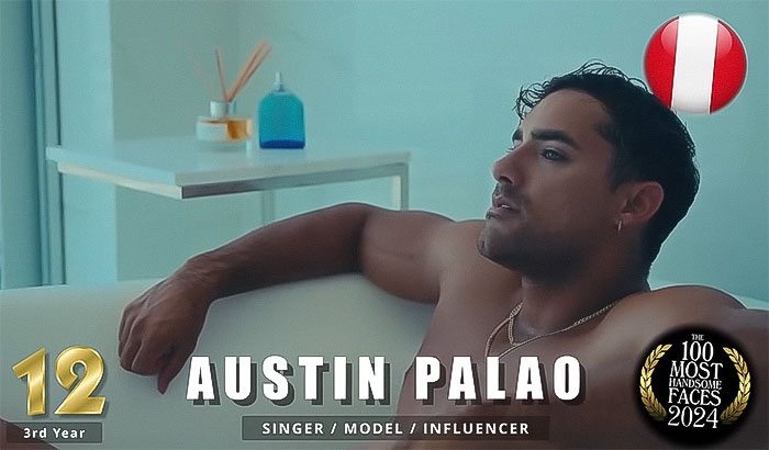 Handsome men 2024: shirtless man in a relaxed pose in a modern, minimalistic room, showcasing award nomination details.