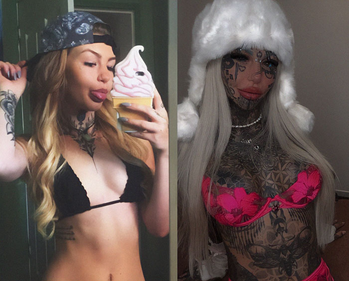 Side-by-side images of Australia's most tattooed woman before and after extensive ink transformation.