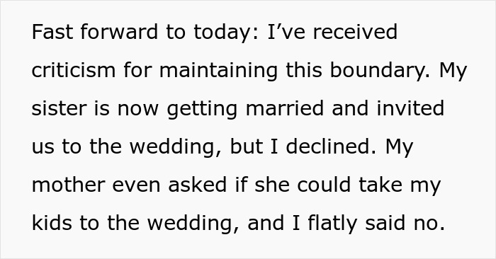 Text about sibling conflict over wedding invitation and family boundaries.