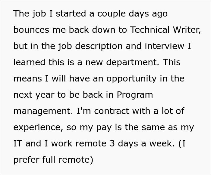 Text about job role and department changes, involving technical writing and program management, found in a background check.