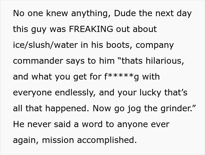 Text describing a prank revenge with water-filled boots for a guy who messed with camp mates.