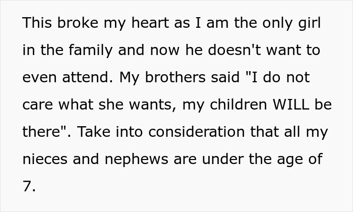 Text about family disagreement over children attending a wedding against couple's wishes.