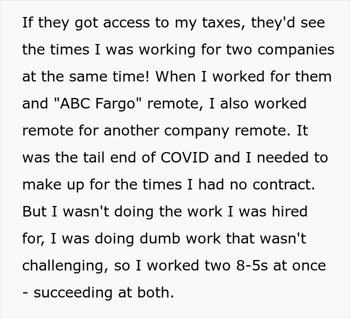 Text image revealing applicant's lies about dual remote jobs during COVID.