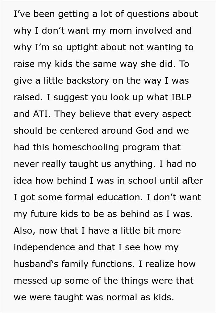 Text about a pregnant woman reflecting on being raised by a conservative mother.