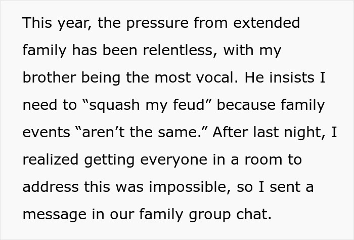 Text revealing family pressure and conflict over wedding invitation decision.