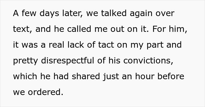 Text conversation about tactlessness after woman orders meat burger on date with vegan.