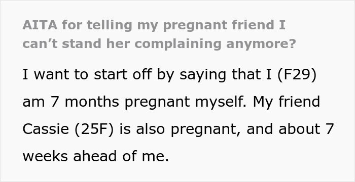 Text post discussing feelings about pregnant friend's complaints.