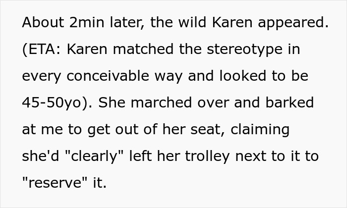 Text describing an angry woman demanding her seat in a shopping mall.