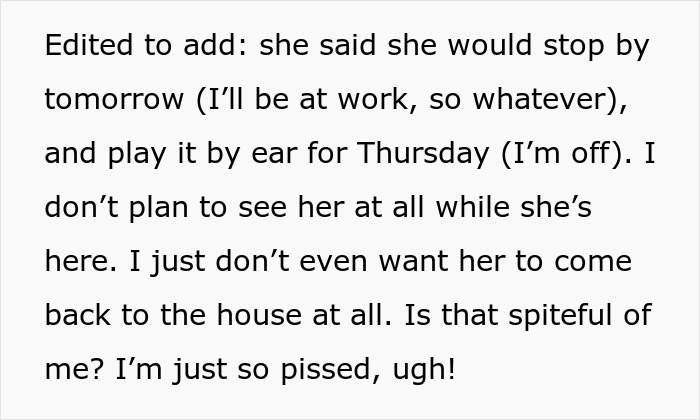 Text block about a mom's frustration with her MIL's unannounced visit, expressing annoyance and avoidance. Text block about a mom's frustration with her MIL's unannounced visit, expressing annoyance and avoidance.