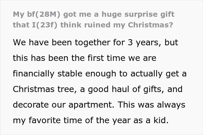 Text from a woman's perspective about a boyfriend's surprise gift causing disappointment during Christmas.