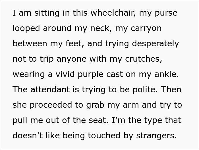 Text describing a woman in a wheelchair at an airport with a purple cast and purse, being grabbed by an attendant. Text describing a woman in a wheelchair at an airport with a purple cast and purse, being grabbed by an attendant.
