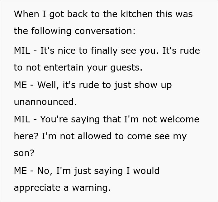 Text of a conversation about a MIL visiting unannounced and discussion on guest etiquette.