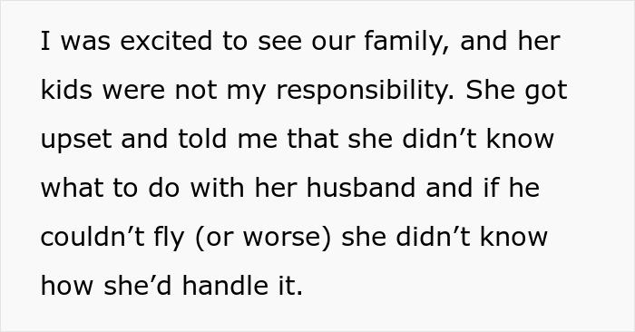 Text discussing responsibility for family and handling a husband's inability to fly due to alcohol.