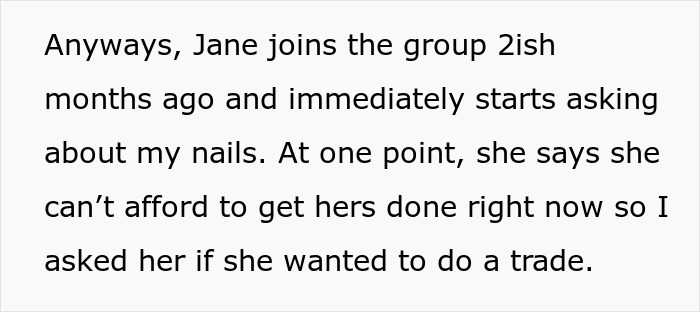 Text screenshot about a new girl in a friend group discussing nail services and trading. Text screenshot about a new girl in a friend group discussing nail services and trading.