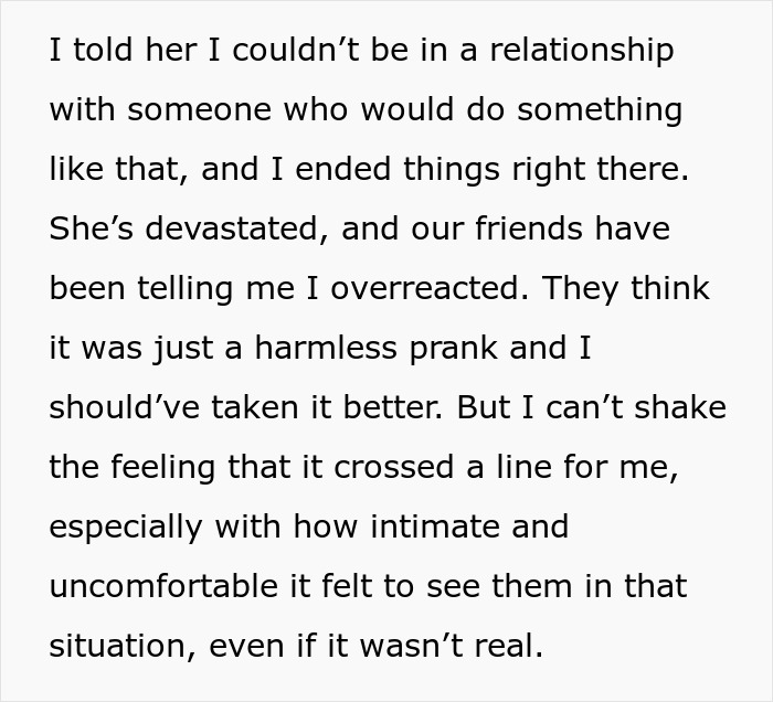 Text about ending a relationship due to a prank and dealing with friends' reactions. Text about ending a relationship due to a prank and dealing with friends' reactions.