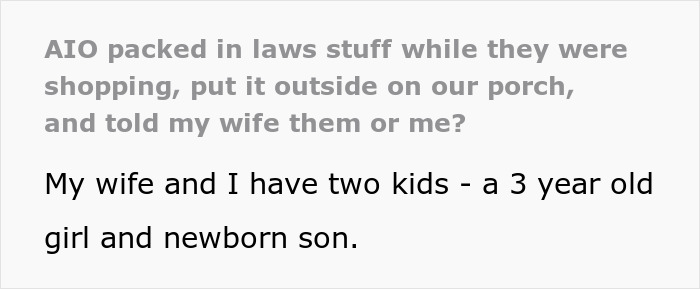 Text post about family conflict with in-laws; dad and two kids involved. Text post about family conflict with in-laws; dad and two kids involved.