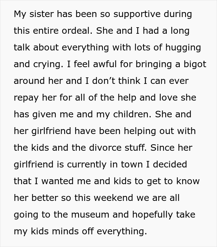 Text message discussing a supportive sister helping with kids during a difficult time.