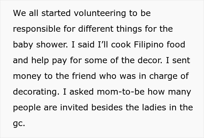 Text describing a woman volunteering to cook Filipino food for a baby shower before being uninvited. Text describing a woman volunteering to cook Filipino food for a baby shower before being uninvited.