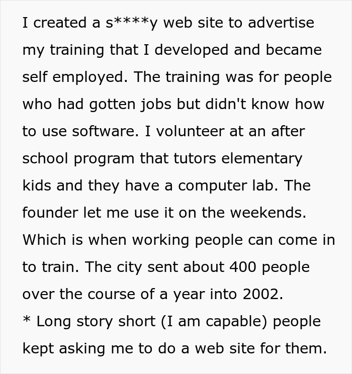 Text detailing applicant's claims about creating a website and offering software training.