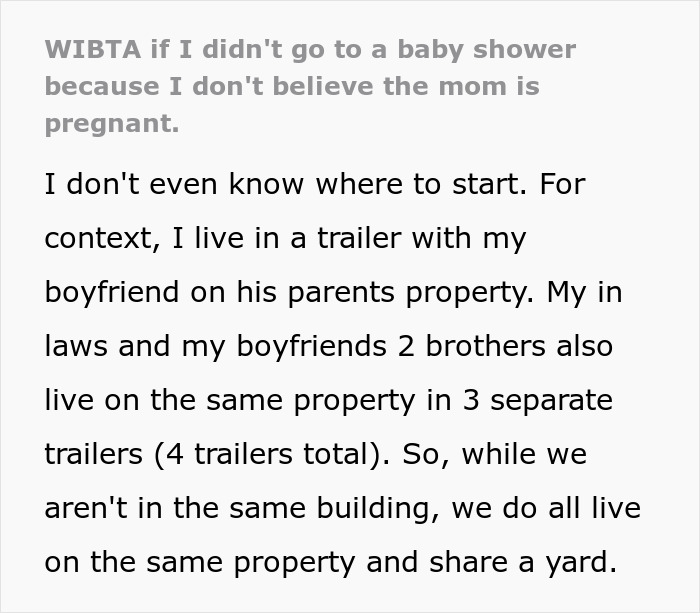 Text about a woman's dilemma regarding attending a baby shower without proof of pregnancy. Text about a woman's dilemma regarding attending a baby shower without proof of pregnancy.