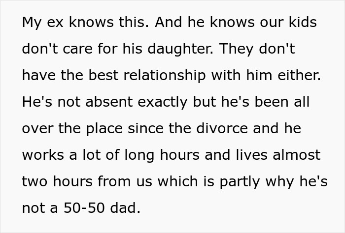 Text discussing absence and relationship with ex's affair child after divorce. Text discussing absence and relationship with ex's affair child after divorce.