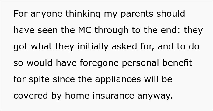 Text discussing a company's decision regarding appliance coverage and personal benefit against home insurance.