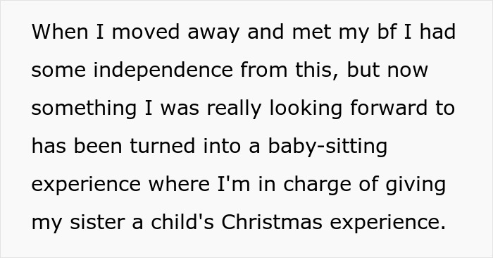 Text about unexpected babysitting duty altering holiday plans.