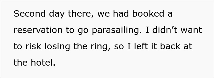 Text about a proposal plan where ring was left at hotel to avoid losing it during parasailing.