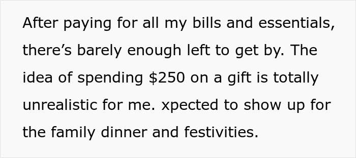 Text on financial stress over a $250 Christmas gift expectation amidst holiday pressures. Text on financial stress over a $250 Christmas gift expectation amidst holiday pressures.