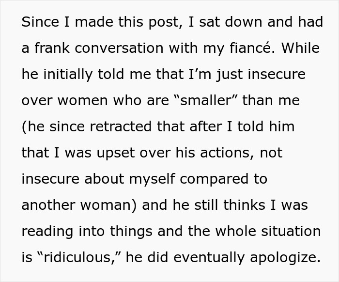 Text expressing a woman's concerns about her fianc&eacute;'s behavior with a friend, mentioning insecurity and an apology.