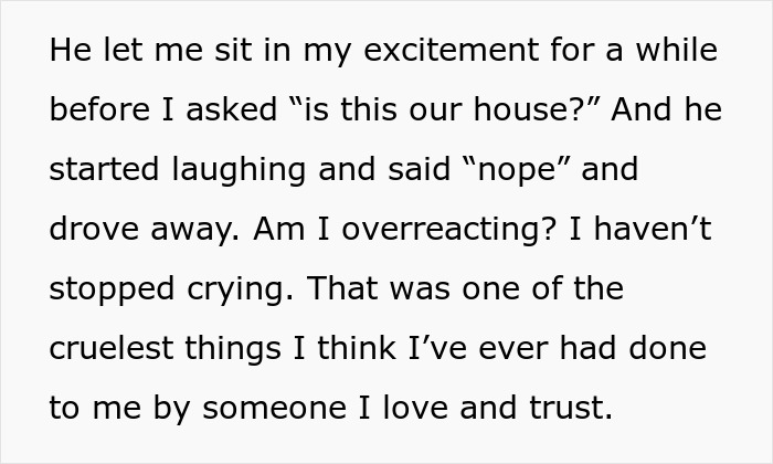 Text describing a fiance's house prank, expressing disbelief and emotional upset.
