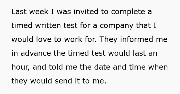 Text about a timed written test for a potential job opportunity.
