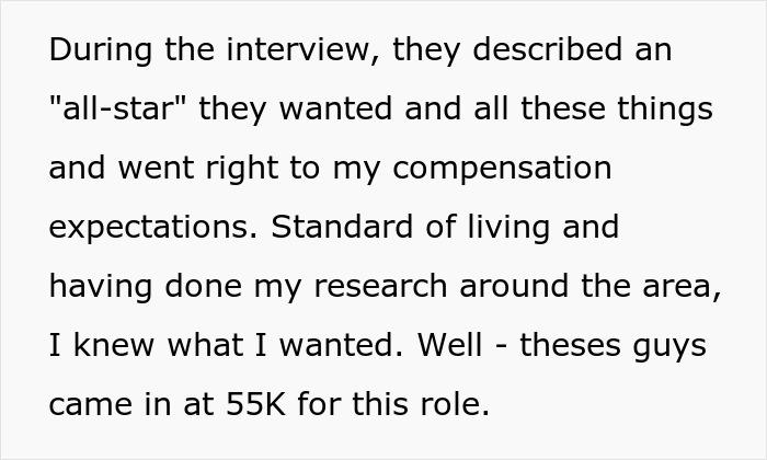 Text describing an unexpected job interview turn; candidate's expectations misaligned with offered 55K salary.
