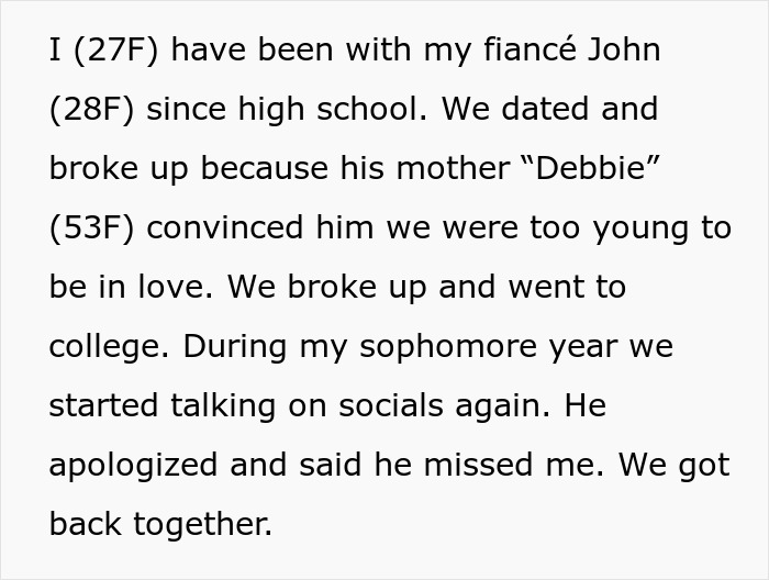 Text discussing a fianc&eacute;'s request for the bride not to wear white to ease his mom's comfort.