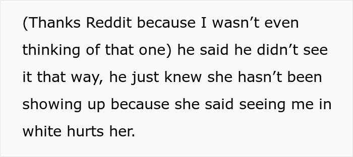 Text discusses fianc&eacute;'s request for bride to avoid white dress for mom's comfort at wedding.