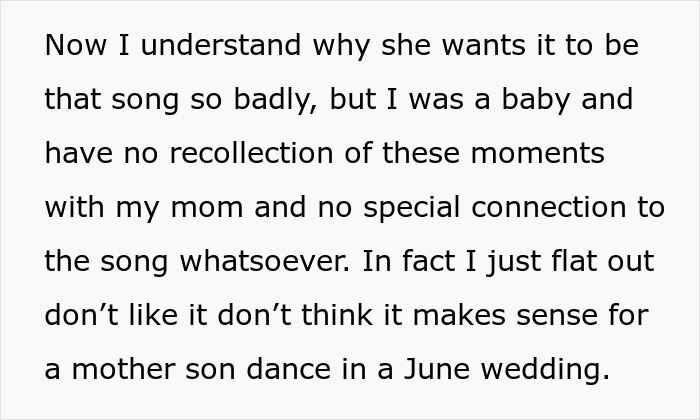 Text excerpt about a groom rejecting his mom's Christmas song for a June wedding.