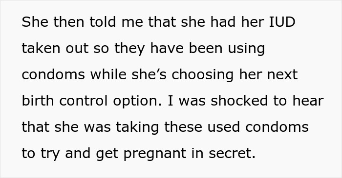 Text reveals secret plan to use husband's condoms for pregnancy.