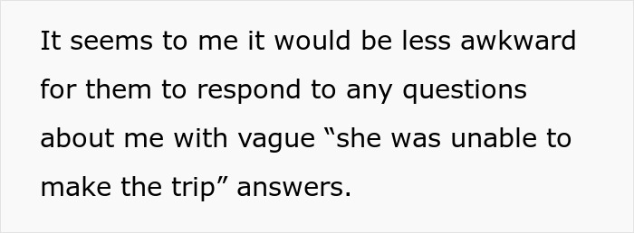 Text from a woman's altered bridesmaid dress situation mentioning "unable to make the trip" response.