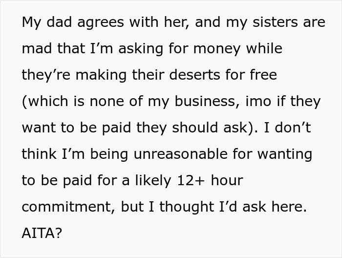 Text discussing a disagreement over a daughter charging parents for making Christmas cookies. Text discussing a disagreement over a daughter charging parents for making Christmas cookies.