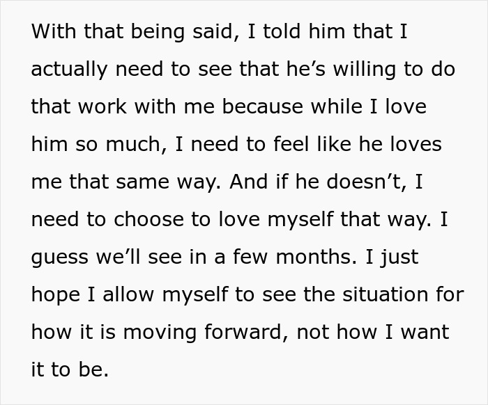 Text message discussing relationship doubts and personal growth, related to touchy behavior concerns.