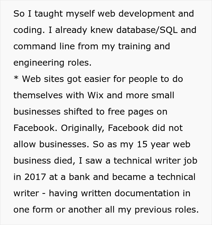 Text screenshot about web development skills and career transition due to changing online business trends.