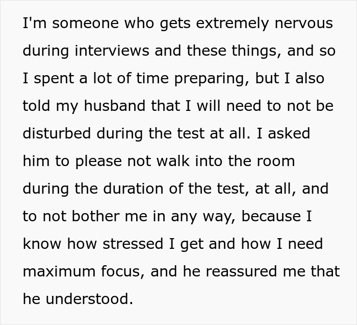 Text on a woman's need for no interruptions during a critical job test.