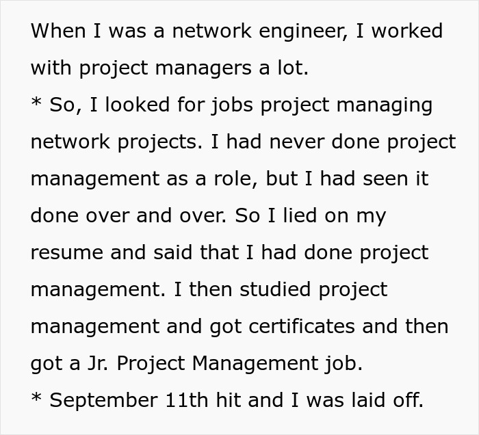 Text about applicant lying on resume for project management roles found during background check.