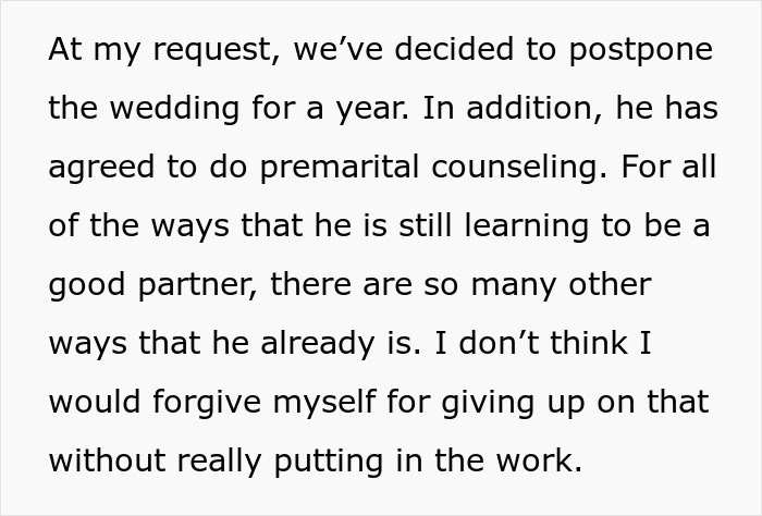 Text about a woman postponing her wedding for a year, discussing her fianc&eacute;'s growth as a partner.