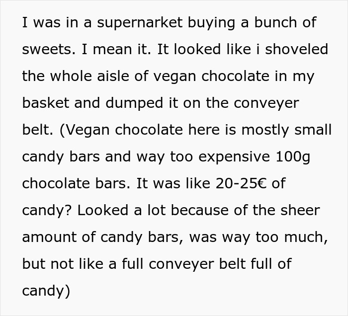 Text detailing a woman buying a large amount of candy at a supermarket.