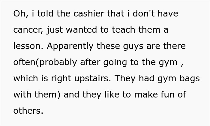 Text about a woman teaching teens a lesson for mocking her candy purchase.