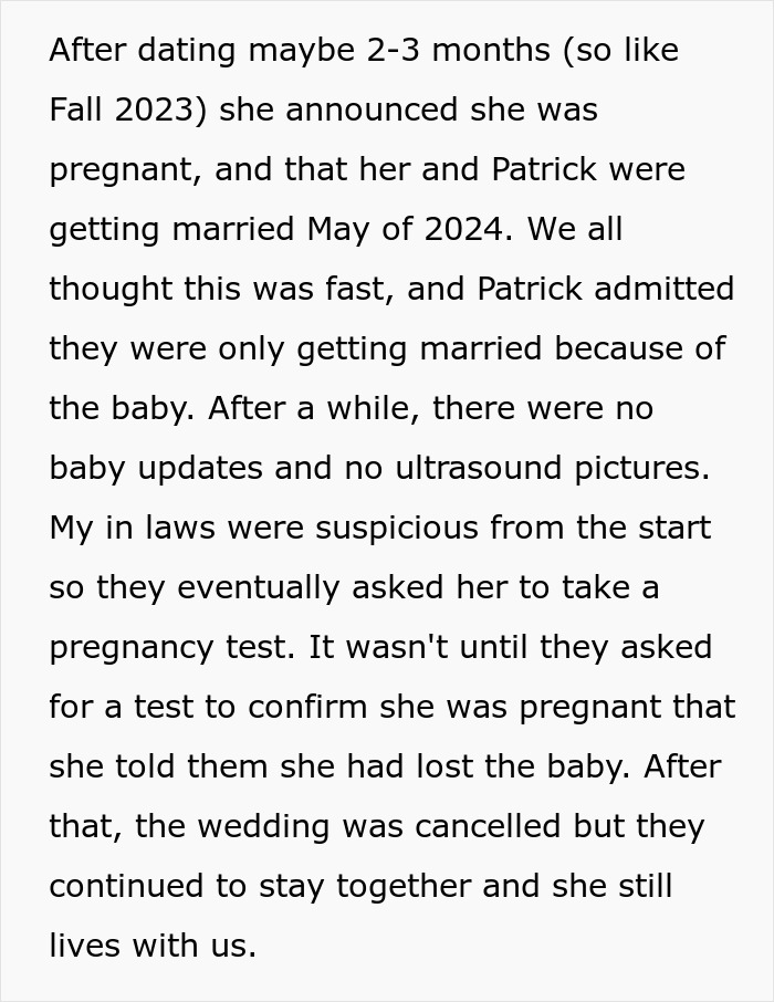 Text discussing a woman announcing pregnancy without proof, leading to wedding cancellation. Text discussing a woman announcing pregnancy without proof, leading to wedding cancellation.